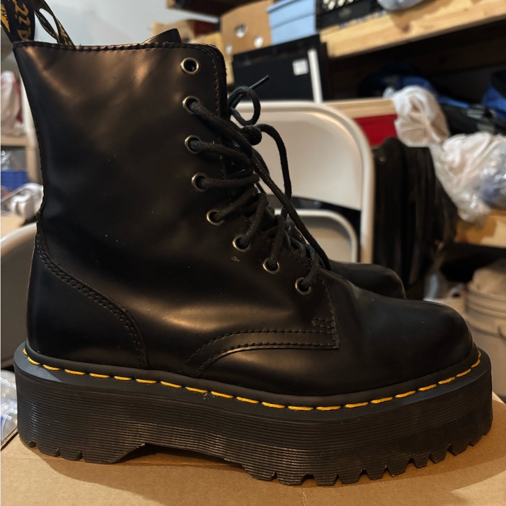 Dr. Martens Black Combat Boots with Yellow Stitching - Picture 2 of 3